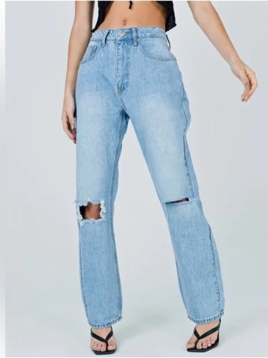 Princess Polly Denim - Princess Polly Fairmount Straight Leg blue denim distressed jeans size 2